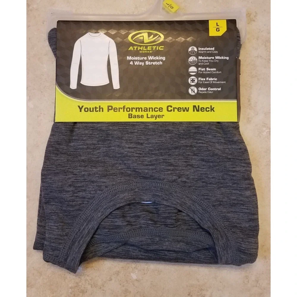 Athletic Works Youth Boys Performance Crew Base Layer Shirt Top Gray L (10-12)‎